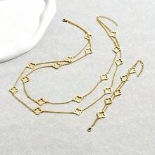 2件套不锈钢金色镂空四叶草夏季双层手链项链套装，百搭简约复古首饰套装，适合日常佩戴及各种场合 - CL-1973 - 查看 4