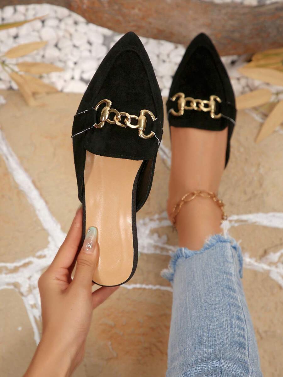 Zapatos de mujer de punta afilada en color negro, mocasines de ante con hebilla metálica decorativa, diseño versátil sin talón tipo mula para todas las estaciones - Negro - Ver 1