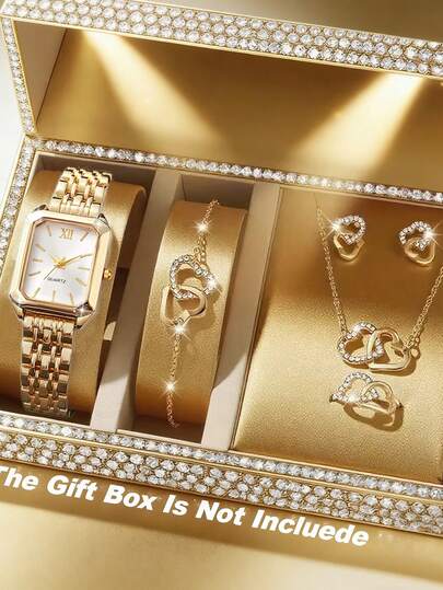 6pcs Elegant Light Luxury Women's Quartz Watch Set, Women's Light Luxury Romantic Style Accessory Set, Including A Gold Alloy Strap Square White Dial Roman Numeral Women's Quartz Watch, Plus A Double-Heart Full-Diamond Bracelet, Necklace, Earrings, And Ring. Centered On Soft Gold Tones And Romantic Double-Heart Elements