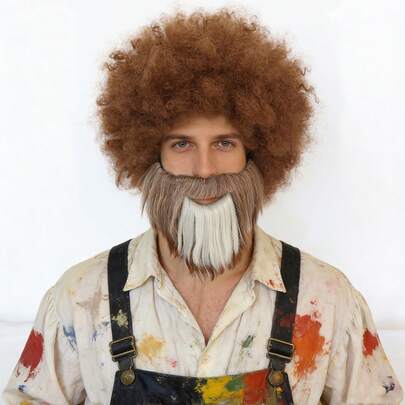 棕色爆炸头假发+双色胡须，男士款，自然卷曲合成波波头假发，适合80年代复古角色扮演、画家派对和电视角色装扮，耐热舒适，成人款