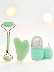 1/2/3pcs Set Ice Face Roller + Stainless Steel Gua Sha Board + Cloth Flannel Bag - Facial Skin Care Ice Roller Set, Facial Massage Tools, Silicone Ice Face Roller, Ice Roller, Stainless Steel Gua Sha Board, For Relieving Face And Eye Puffiness - Green - View 9