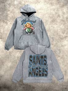 Men's "Saints & Angels" Angel Earth Washed Hoodie – Vintage Cherub & Globe Graphic Oversized Hoodie, Retro Y2K Streetwear Casual Top - 灰色 - 查看 1