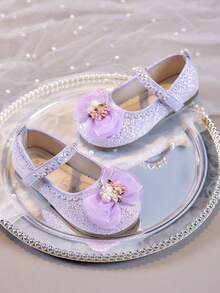 1 paire de chaussures de princesse en cristal et strass pour filles, chaussures de cérémonie à fleurs 3D de style Mary Jane, convenant aux filles de 3 à 12 ans - Prune - Voir 3