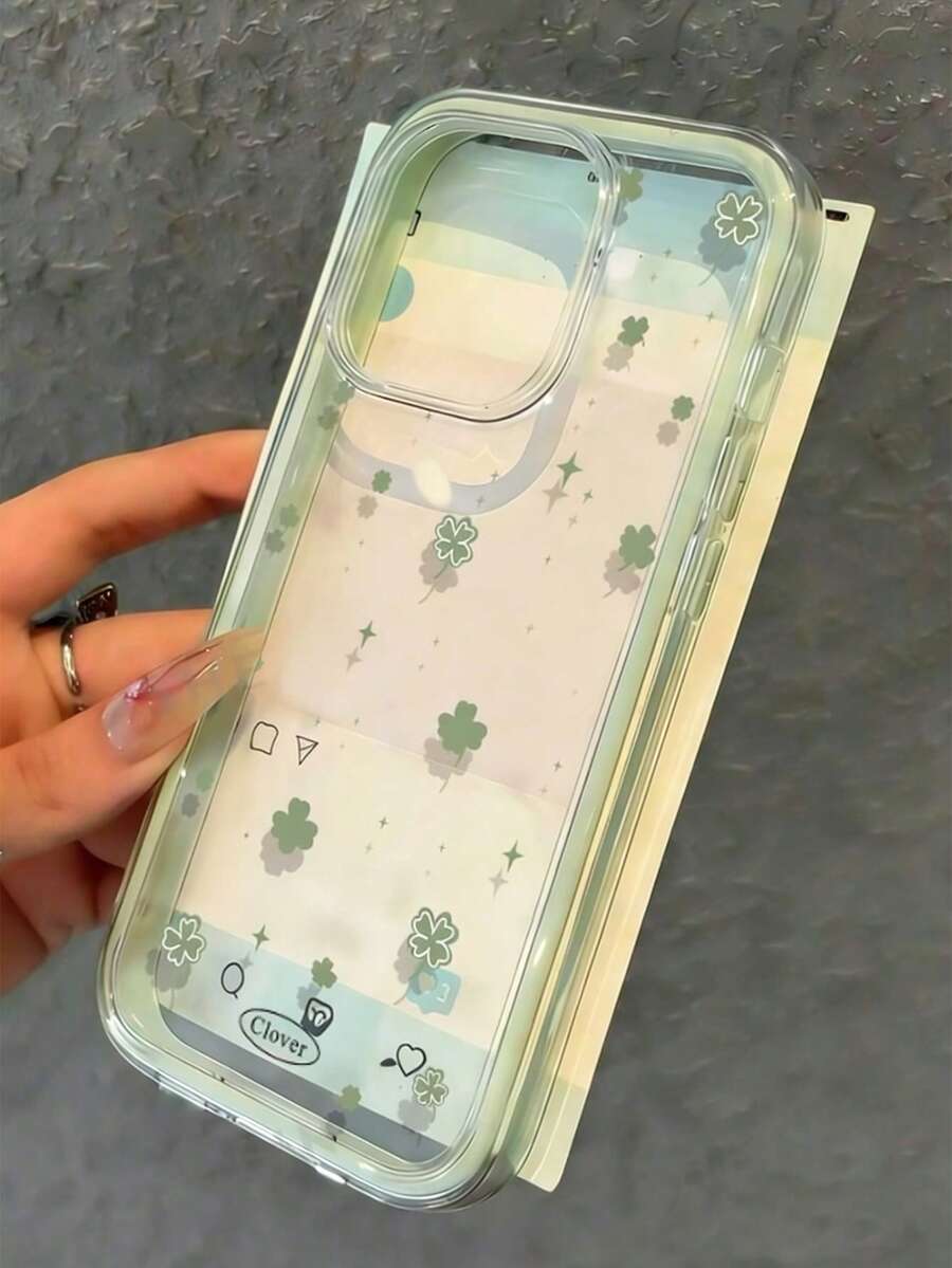 Comfortable Solid Color Large Hole Phone Case, Lucky Four-Leaf Clover 2D Pattern Printed Milk Green Double-Layer Transparent Back Cover Protective Case, Suitable For IPhone 17/17Pro/17promax/Air And Latest Apple Phones - Green - View 1
