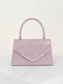 REMANLAND Sweet And Edgy Pink Clutch With Glitter Texture, V-Shaped Metal Trim And Top Handle, Combining A Bold Glitter Finish With A Sleek Silver V-Shaped Metal Trim And Modern Top Handle. Stands Out At Parties, Street Style Shoots And Casual Gatherings, Infusing Unique Personalized Into Modern Outfits With Lovely Pink Tone. It Is The Best Gift For Women - Pink - View 2