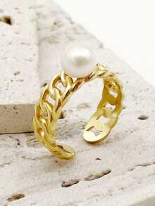 1 pièce Bague réglable en acier inoxydable plaqué or 18 carats avec chaîne cubaine et perle, convient pour les occasions quotidiennes, les trajets et les rendez-vous - R0235-02 - Voir 6