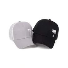 1顶棕榈树刺绣网眼棒球帽，夏季沙滩帽 - 黑色 - 查看 1