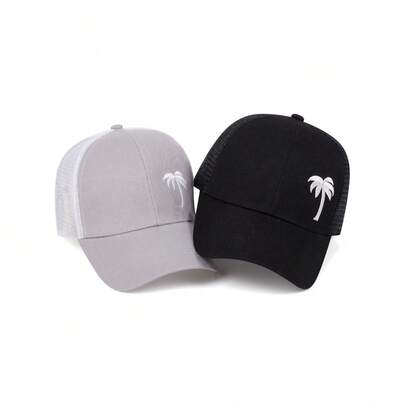 1顶棕榈树刺绣网眼棒球帽，夏季沙滩帽