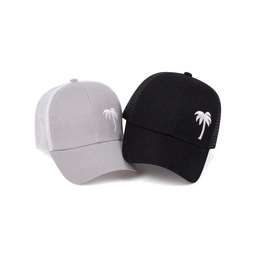 1顶棕榈树刺绣网眼棒球帽，夏季沙滩帽 - 黑色 - 查看 1