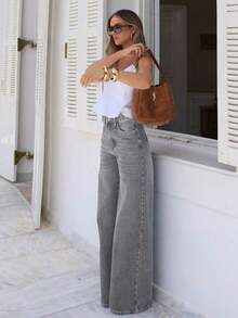 Women's Loose Casual Straight Leg Jeans With Pockets, Simple Washed Pants, Suitable Summer Wear And Also A Must-Have Item Halloween - 灰色 - 查看 9
