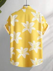 White Lily Bloom Pattern Symbolizing Purity Renewal And Sunshine Vitality Printed On Bright Yellow Short Sleeve 3D Men's Summer Casual Shirt For Beach And Holiday Wear - trắng - Xem 2