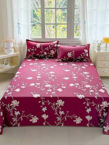 三件套花卉印花床上用品（含枕套，不含枕芯），100% 涤纶印花床单和床罩，可机洗，柔软耐用，适用于卧室或客房，现代简约家居床上用品。 - 酒紅玉枝 - 查看 2