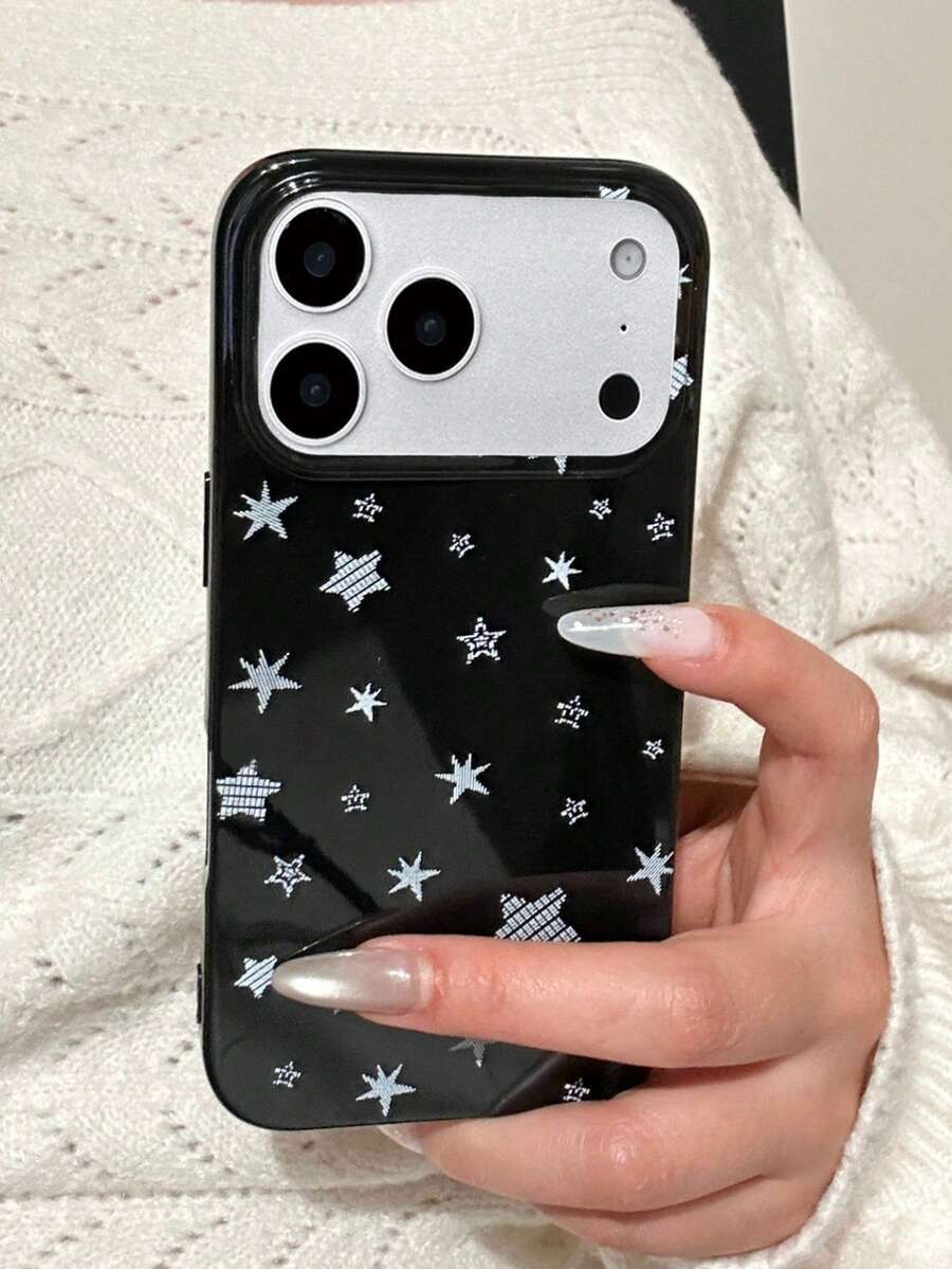 Phone Case: Black Cool White Star Grid Full Screen Pattern Phone Case Compatible With IPhone 17 Pro Max Air 16 15 14 13 12 11 Pro Max Plus Mini Girl Minimalist Stylish Personalized Gloss Shockproof Protective Cover - Black - View 1