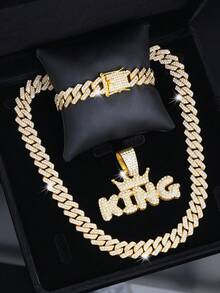 3件套嘻哈时尚首饰套装，不锈钢男士十字架项链配多层链，水钻手链，男女皆宜的完美礼物 - 銀色 - 查看 10