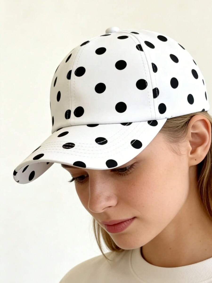1pc Black & White Breathable Thin Baseball Cap, Unisex Outdoor Sun Protection Visor Hat, Suitable For Students And Couples As Gift, Spring/Summer,Beach,Vacation,Holiday,Travel - Black and White Polka Dots - View 1