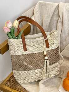 A New Stylish Vacation-Style Women's Beach Tote Bag, Lightweight Hand-Woven Straw Shoulder Bag With Contrasting Color Stripes And Tassel Decoration, Casual Woven Handbag With Zipper Closure, Perfect For Vacations And Travel, A Must-Have For Vacations, Beach Bag, Summer, Vacation, Woven Bag. - 米色 - 查看 5