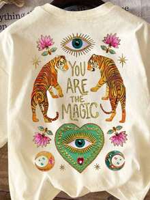 Women's T-Shirt With Mysterious Tiger Print, We Are The Magic, Green Heart, Mystic Eye, Cotton - Cream - View 4