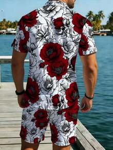 One Piece Of Men's Retro Elegant Woven Fabric, Wrinkle-Resistant And Easy To Care For, For Partner, Summer Casual Dinners, White Base With Red Flower Print Men's Lapel Shirt Plus Beach Pants Set - Nhiều màu - Xem 3