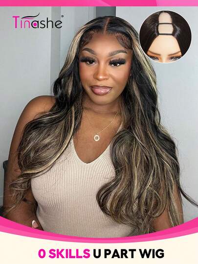  Tinashe 1B/22 直发 U 型分缝假发，真人发，蜜金色头皮效果，180% 密度，无留发，巴西真人发，自然色，女士无胶假发