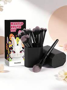 MAANGE 18件專業化妝刷組附收納盒，適用於底妝刷、腮紅刷、遮瑕刷、高光刷、眼影刷、眼線刷、眉刷、睫毛刷及其他化妝工具，完整化妝套組，旅行必備，送給女性與女孩的禮物 - 黑色 - 查看 3