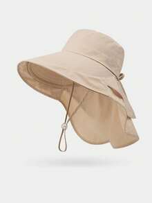 Women's Summer Sun Hat, Outdoor Cycling Neck Protector, Wide Brim, Breathable, Foldable, Hiking Bucket Hat, Fashionable, Versatile, Solid Color, Casual, Polyester Fiber (Polyester) Solid Color Windproof And UV Protection Hat For Spring And Summer., Beach, Vacation - Hat - View 14