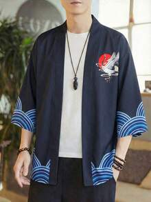 Áo choàng tay lửng 3/4 in hình mặt trời đỏ và chim hạc theo phong cách Ukiyo-E Nhật Bản, kiểu dáng rộng rãi, áo khoác kimono gió cho nam giới. - màu đen - Xem 2