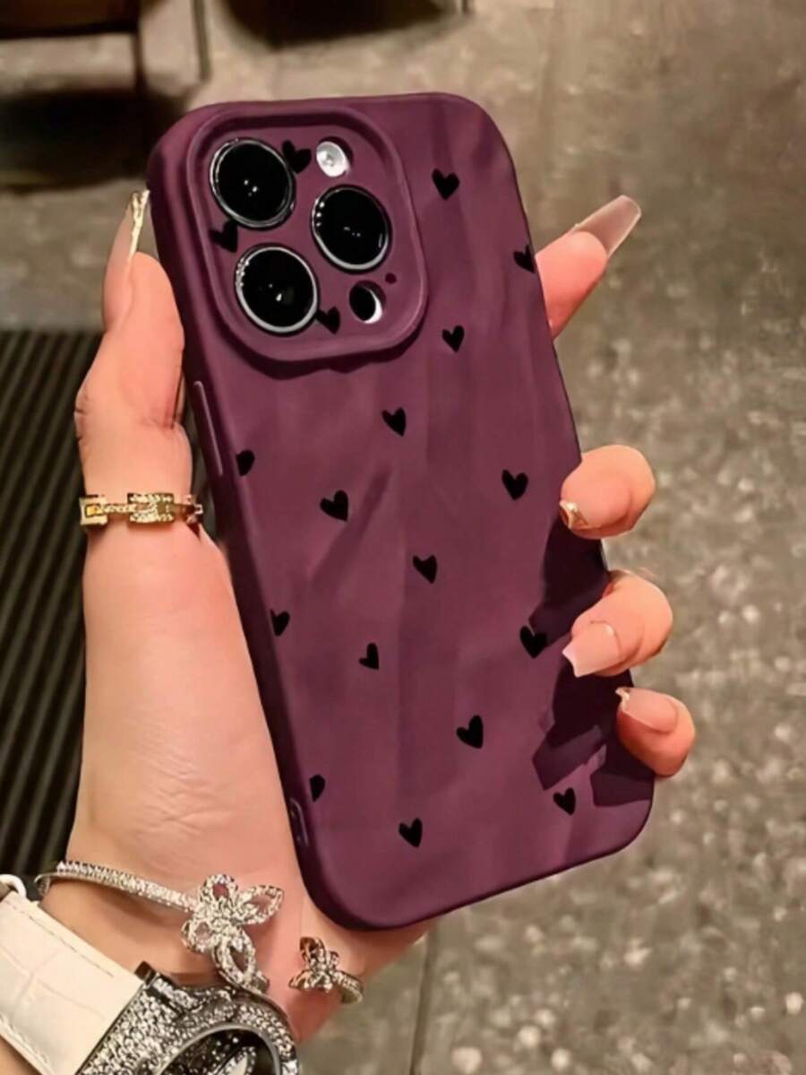 1pc Wine Red & Black Heart Pattern Full Coverage Shockproof TPU Phone Case Compatible With IPhone 16, 15, 14, 13, 12, 11 Pro Max - Multicolor - View 1