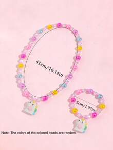 2pcs/Set Girls' Cute Unicorn Pendant Beaded Necklace & Bracelet Set, Princess Jewelry Accessories Gift, Suitable For Casual Daily Wear And Party, Random Color - one-size - View 3