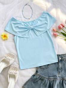 Women's Sweet Light Blue Off-Shoulder Top - Bow Decor Ruffle Hem Short Sleeve Fitted Blouse, Suitable For Summer, Valentine's Day, Vacation, Beach, Party, Wedding, Casual Daily, Spring & Summer Holidays, Cute & Elegant Top - Blue - View 5