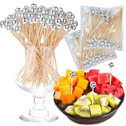 10支/100支/200支装鸡尾酒签，迪斯科球装饰牙签，适用于开胃菜、饮品、食物，优雅竹签，4.7英寸长银色木质鸡尾酒签，夏威夷派对装饰，情人节和狂欢节装饰，圣帕特里克节装饰，复活节装饰，婚礼，生日，节日，派对装饰