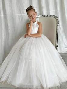 Váy công chúa lưới ngọc trai không tay cổ yếm nơ cho bé gái tuổi mới lớn, thích hợp cho tiệc sinh nhật, đám cưới, phù dâu, vũ hội, tiệc tùng, váy lễ hội cho dịp đặc biệt - trắng - Xem 2