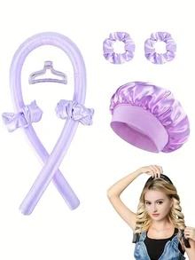 Set di 5 pezzi/4 pezzi/2 pezzi di fasce per capelli arriccianti senza calore, include fascia arricciante con elastici per capelli, arricciatore senza calore e cuffia da notte in raso, adatto a tutti i tipi di capelli, crea onde morbide e naturali, strumento di styling fai-da-te, ideale per dormire, rende i capelli morbidi e lucenti, essenziale per il ritorno a scuola e i viaggi - Viola - Visualizzare 2