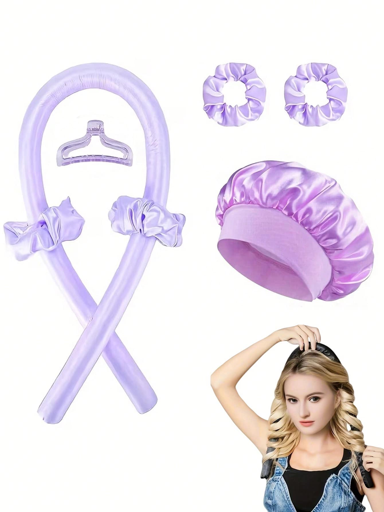 Set di 5 pezzi/4 pezzi/2 pezzi di fasce per capelli arriccianti senza calore, include fascia arricciante con elastici per capelli, arricciatore senza calore e cuffia da notte in raso, adatto a tutti i tipi di capelli, crea onde morbide e naturali, strumento di styling fai-da-te, ideale per dormire, rende i capelli morbidi e lucenti, essenziale per il ritorno a scuola e i viaggi