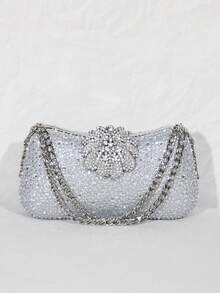 银色亮片水晶花朵手拿包 – 晚宴链条单肩包 - 銀色 - 查看 4