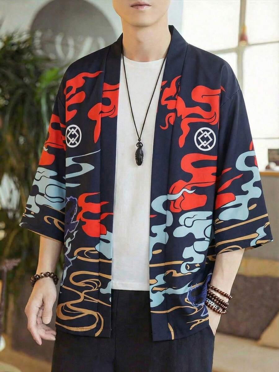 Bata con estampado de máscara de demonio Prajnaparamita de manga 3/4, Cárdigan suelto y oscuro indiferente para protección solar, Chaqueta kimono para hombres - Negro - Ver 1