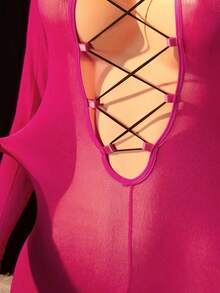 2pcs Sexy Women's Lingerie Set, Includes Sexy Bodysuit And Sleeves, Backless Bodysuit, Sexy Fitted Bikini Cover-Up, Spaghetti Strap Design, Sexy Girl Outfit, Bikini Cover-Up, Sexy Party Costume, Valentine's Day - Rose Red - View 4