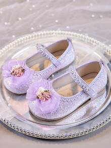 1 paire de chaussures de princesse en cristal et strass pour filles, chaussures de cérémonie à fleurs 3D de style Mary Jane, convenant aux filles de 3 à 12 ans - Prune - Voir 1
