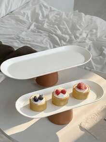 1pc Ins Style Stainless Steel Oval Cream Cake Plate, Elegant Afternoon Tea Cake High Foot Plate, Rectangular Dessert Display & Storage Tray - Multicolor - View 2