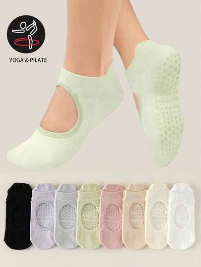 1/2/3 Pairs Random Color Combination Women Socks, White, Black, Pink, Hollow Knitted Fabric Design, Silicone Non-Slip Sole, Suitable For Pilates Yoga Sports, Indoor Floor Socks