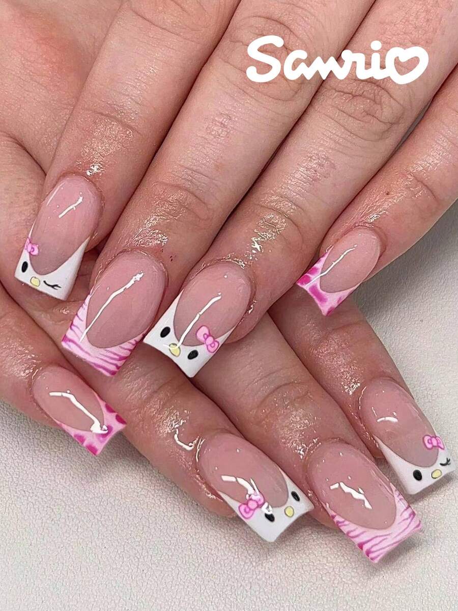 SANRIO 24片短方形3D豹纹法式美甲贴片，带有可爱蝴蝶结装饰设计，粉嫩少女风，完美适配亚克力假指甲套装，包含1片果冻胶和1个指甲锉，适合女性和女孩日常、派对和聚会使用。 - 彩色 - 查看 1