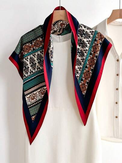 1条波西米亚条纹印花三角围巾，时尚撞色滚边，丝滑质感，高端触感，抗皱，用途广泛，可作披肩、头巾、颈巾，防晒，适合户外旅行、街舞服饰。