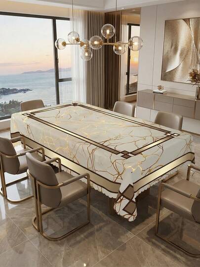 1 pieza Mantel de mesa con estampado de veta de oro elegante, cubierta de mesa de poliéster resistente, con borde festoneado, resistente a las manchas, impermeable, lavable y sin arrugas, protector de mesa confiable, ideal para todo tipo de ocasiones, bodas, banquetes, cenas festivas, decoración del hogar, un artículo imprescindible para la mesa y la cocina