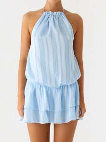 Women Summer Ruched Halter Mini Dress Ruffle Bubble Drop Waist Backless Tie Neck Open Back Mini A Line Swing Dress Y2k Cocktail Clubwear - Blue - View 4
