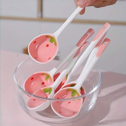 1pc/4pcs/6pcs Cute Strawberry Ceramic Long Handle Spoon, Suitable For Tea, Ice Cream, Coffee Desserts, Home, Restaurant, Kitchen Decor, Great Gift