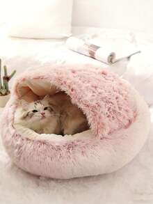 海贝半封闭式猫窝，宠物猫窝，半封闭式狗窝，封闭式猫屋，宠物用品，适合幼猫、小型和中型猫狗，带盖蓬松圆形猫狗屋 - 灰色 - 查看 7