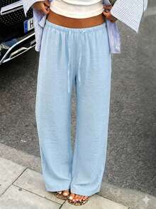 Women's Loose Fit Drawstring Waist Wide Leg Pants, Lightweight Breathable Casual Trousers, Slouchy, Light Blue, Summer Spring - Baby Blue - View 6