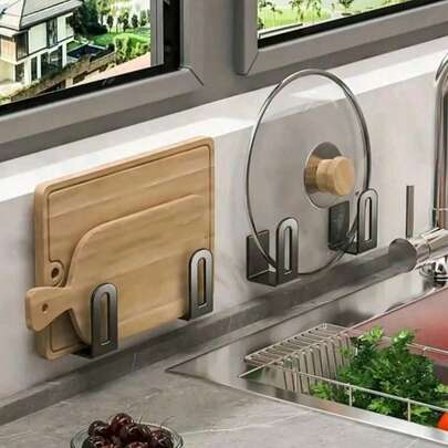 2 PIEZAS Soporte para tapa de olla de plástico/acero inoxidable sin taladro, soporte para tapa de olla montado en la pared, sin necesidad de perforar, adecuado para colocar tapas de ollas, tablas de cortar, sartenes y artículos de almacenamiento de cocina.