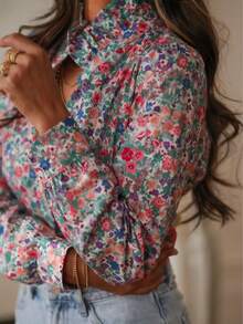 Blusa da donna con collo a balze e maniche a palloncino, motivo floreale, camicia casual, adatta per primavera ed estate, ideale per vacanze - Multicolore - Visualizzare 3