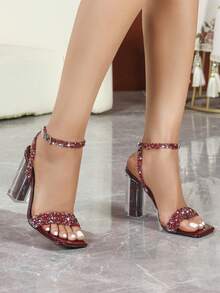 女士时尚高跟鞋：麂皮豹纹平底凉鞋、裸色绑带凉鞋、简约方头凉鞋、黑色漆皮高跟凉鞋、细跟高跟凉鞋、夏季户外常规凉鞋、杏色女士凉鞋 - 酒紅色 - 查看 4