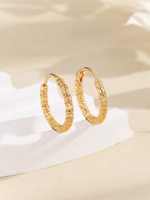 2只简约纹理小圆环耳环，时尚优雅，适合女性日常佩戴，百搭男女皆宜的情侣耳环 - 金色 - 查看 1